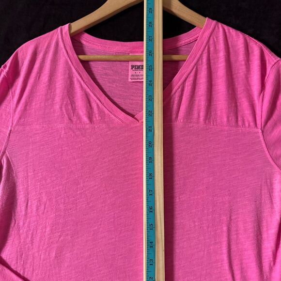 Victoria's Secret PINK Sm Hot Pink Sheer Long Sleeve Varsity Striped Logo V-Neck - Picture 8 of 11